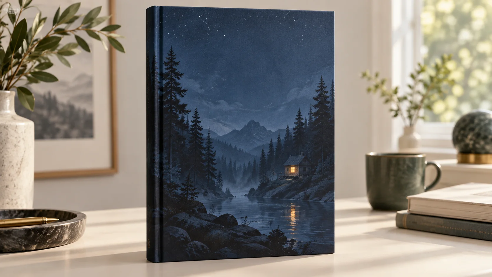 Макет книги с тёмным лесом и светящимся окном на обложке