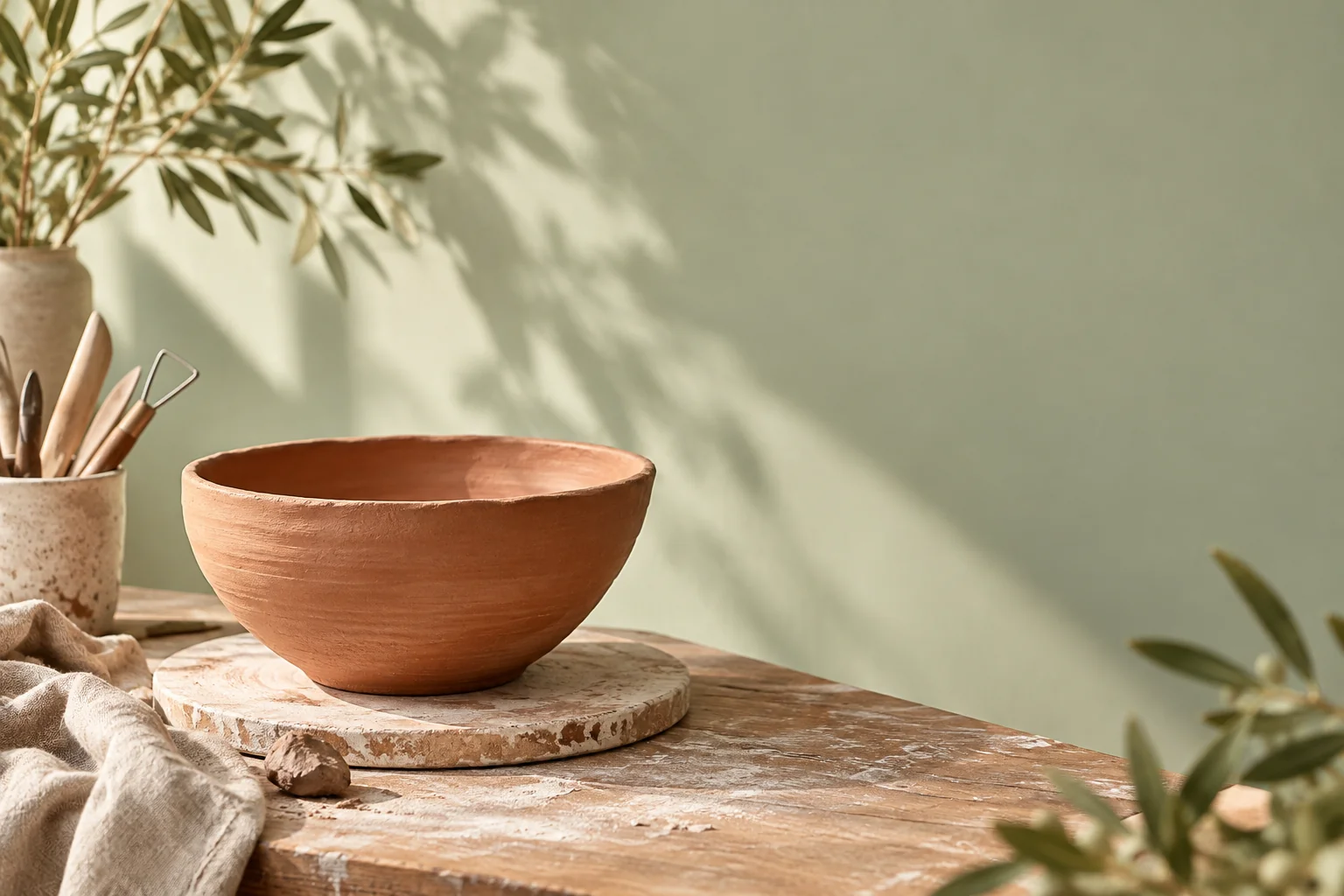Редакционный широкий фон с керамической чашей и свободным местом
